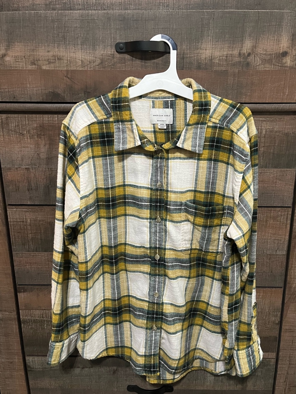 American Eagle Women’s Boyfriend Fit  Yellow & Green Plaid Button-Down Shirt
